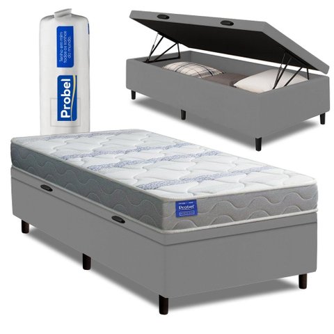 Cama Box Baú Solteiro Probel Espuma D33 88x188x55 Night Day a Vácuo Branco/Cinza