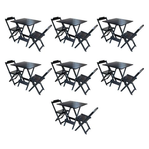 Kit 7 Jogos De Mesa Dobravel Com 2 Cadeiras De Madeira 70X70 Para Restaurante E Bar - Preto