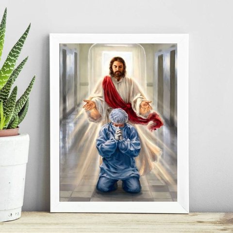 Quadro Jesus Abençoando Médico 24x18cm:madeira Branca