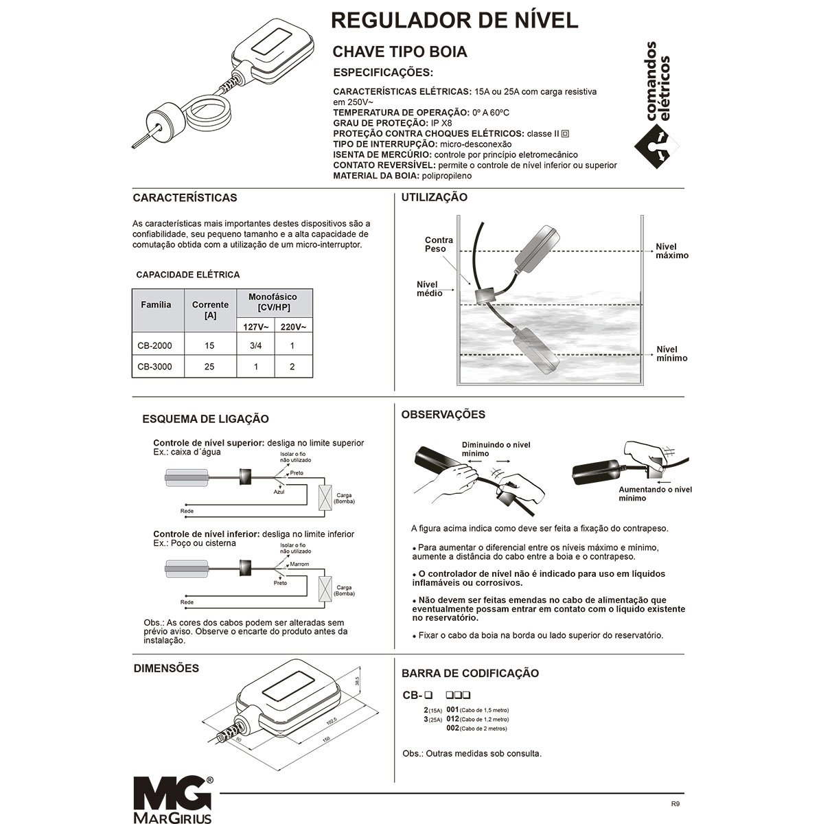 Chave Boia Elétrica 15a com Cabo 2m para Bomba de Água - Margirius - 5