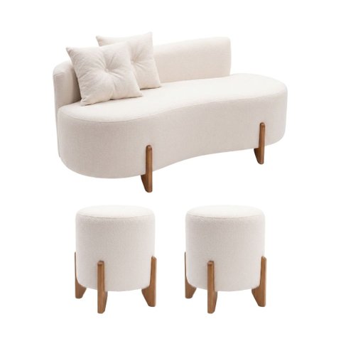 Conjunto Sofá Curvo Orgânico + 02 Puff Luna Boucle Branco - Montanaris Decor