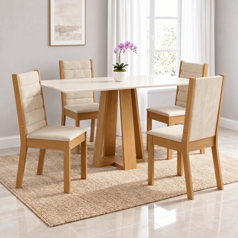 Conjunto Sala de Jantar Mesa Lisa 120cm Tampo MDF Canto Reto 4 Cadeiras Evelin