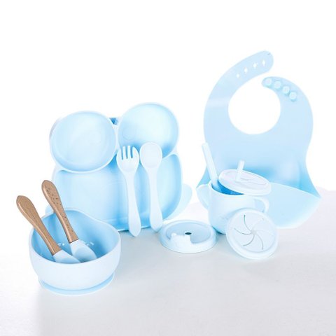 Kit Introdução Alimentar Bebê Treinamento Prato Talher 10 Peças Azul