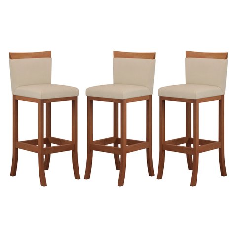 Kit 3 Banquetas Alta Encosto Estofado 38x102 Cm Paris Madeira Maciça Castanho Suede Bege CCS
