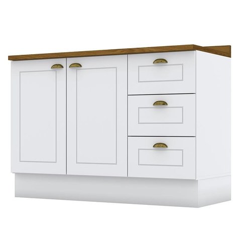 Balcão Pia 2 Portas e 3 Gavetas 120cm Americana Branco com Tampo Nature - Móveis Henn