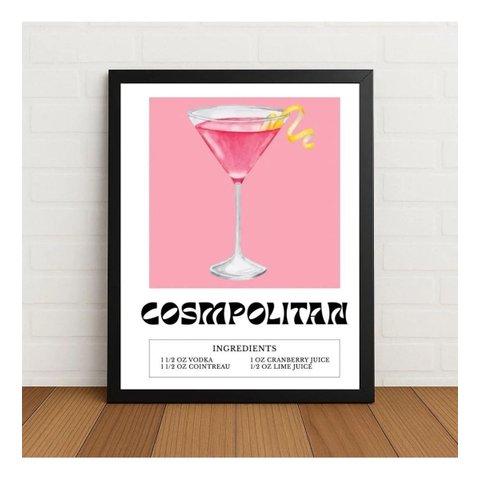 Quadro Drink Cosmopolitan Retrô Moderno 24x33cm com Vidro Preto