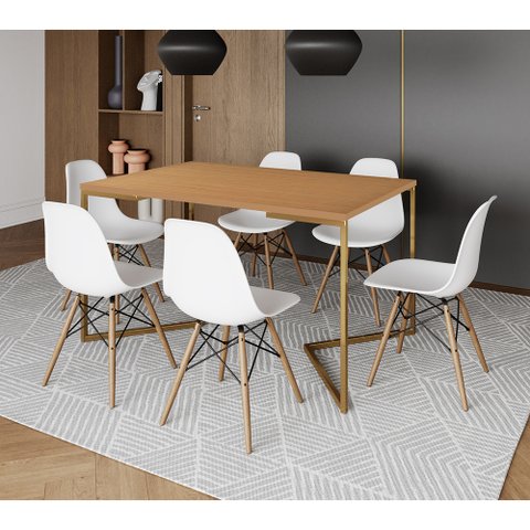 Mesa Jantar Industrial Retangular 137x90cm Canela Base V Dourada com 6 Cadeiras Brancas Eames Eiffel