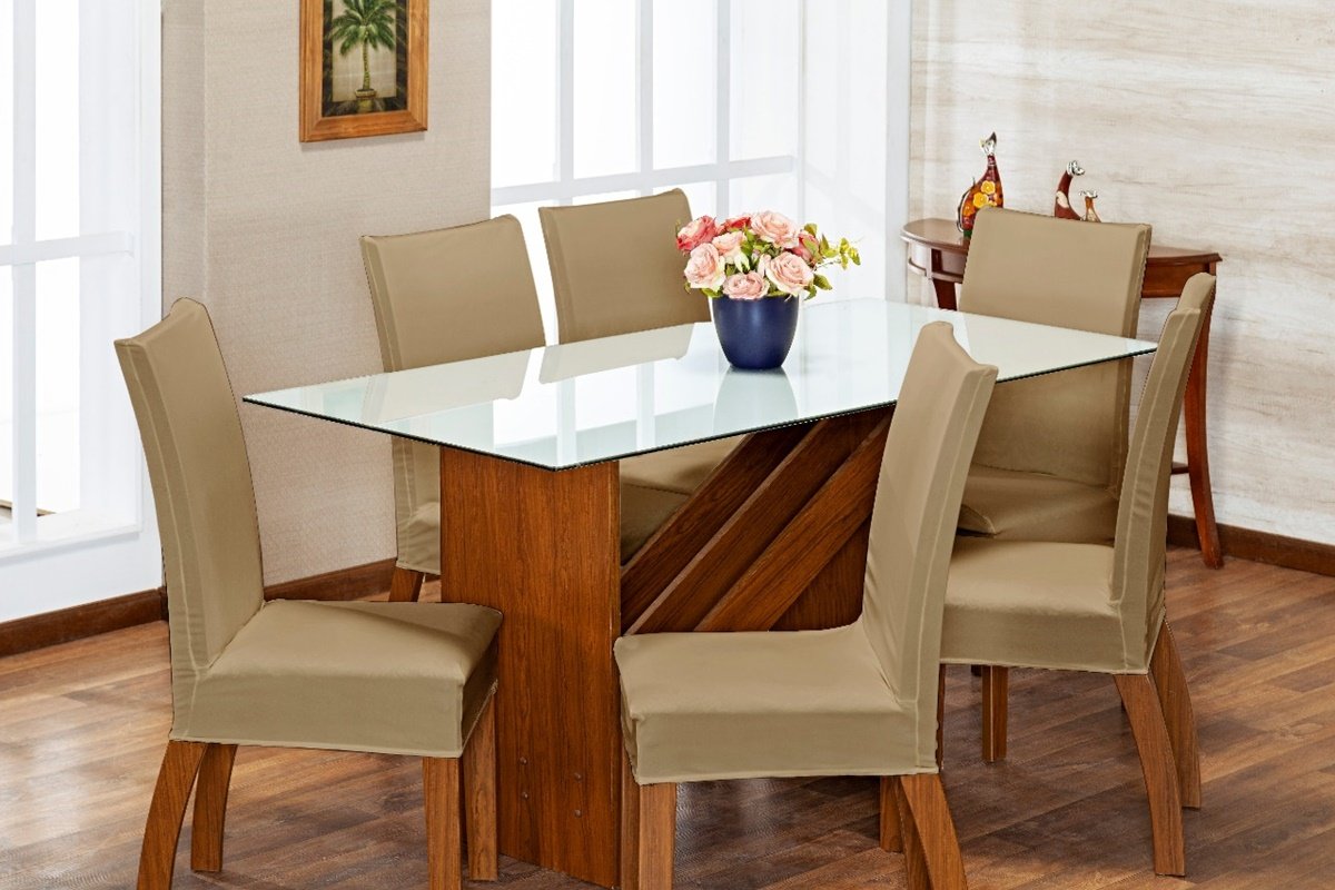 Kit Capa de Cadeira 6 Peças Sala de Jantar Protege o Estofado Renova o Visual Malha Gel Avelã Cáqui