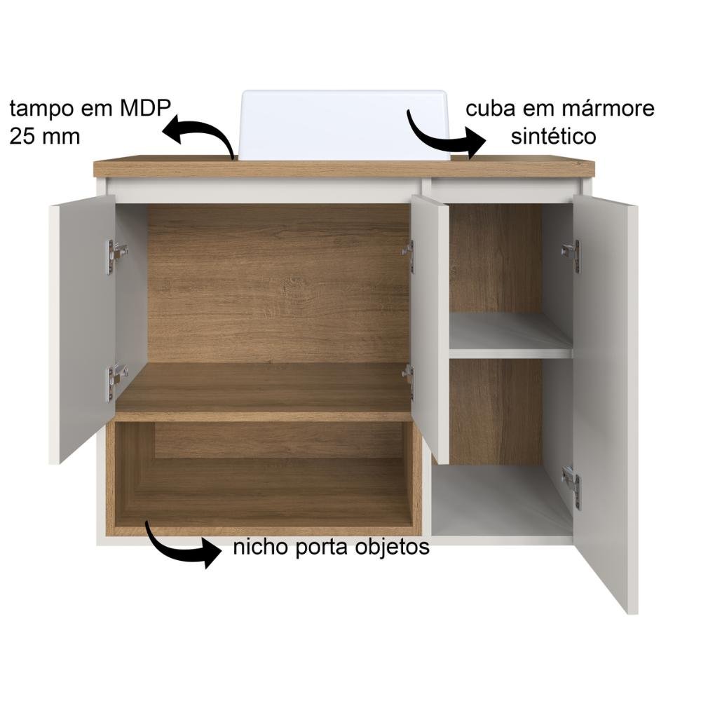 Gabinete de Banheiro Suspenso 80cm Cecília com 03 Portas e 01 Nicho Mel/arenas com Cuba Branca - 5