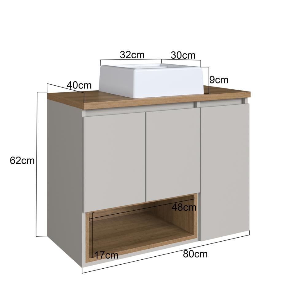 Gabinete de Banheiro Suspenso 80cm Cecília com 03 Portas e 01 Nicho Mel/arenas com Cuba Branca - 4