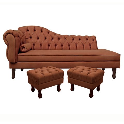 Divã Recamier Namoradeira Larissa 185cm com Capitonê - Direita + 02 Puffs Retrô Suede - Ecotec Decor