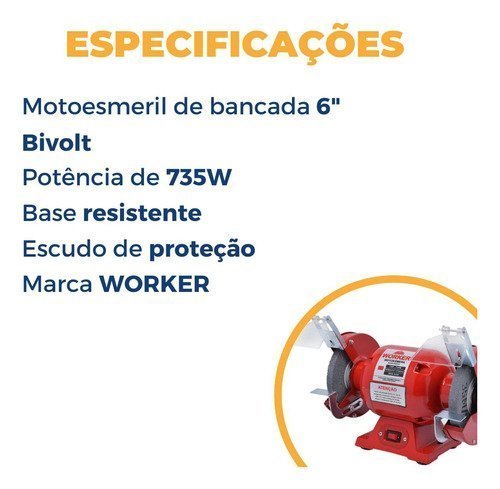 Moto Esmeril 1hp 735w Bivolt - Worker - 5