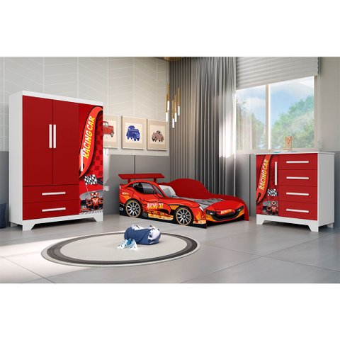 Quarto Infantil Completo 3 em 1 Gd Móveis Vermelho Cama Guarda Roupa Cômoda para Criança Moderno