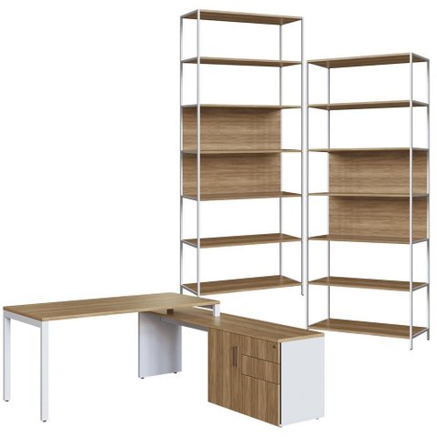 Mesa Escritório em L com Balcão e 2 Estantes Industrial Idea A03 Nogal Sevilha Branco - Lyam Decor