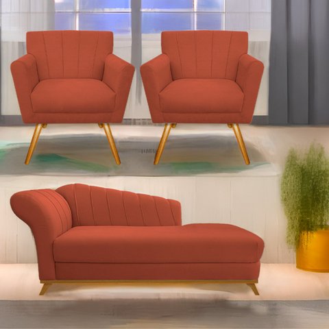 Kit Diva Recamier Vanessa 160cm Lado Direito e 02 Poltronas Laura Suede - Doce Sonho Móveis RECAMIER