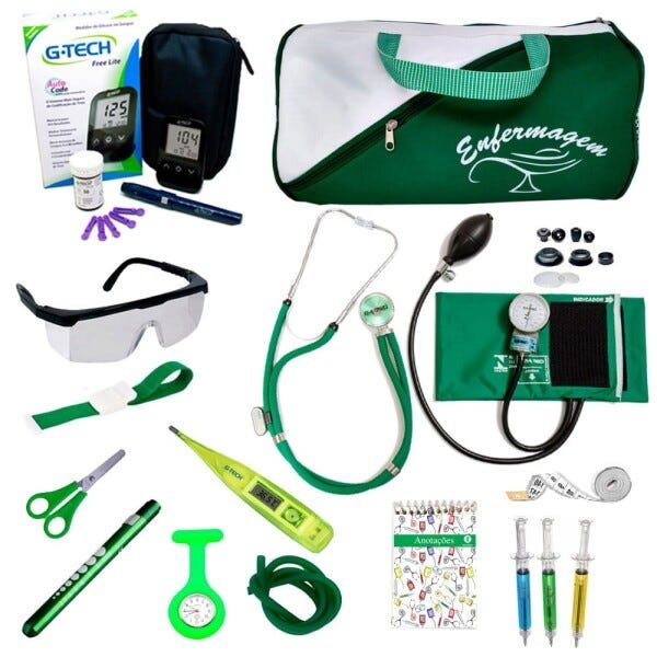 Kit Enfermagem Cores Bolsa Top P.A.med + Medidor de Glicose - Verde