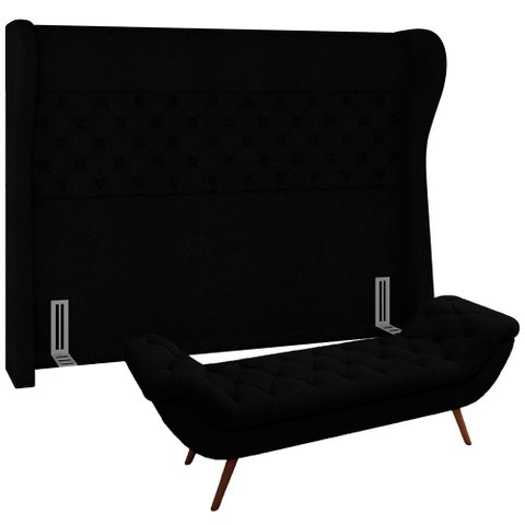 Kit Cabeceira Cama Box Queen 160 cm Madrid com Puff Recamier Santorini Bouclê Preto - Lyam Decor