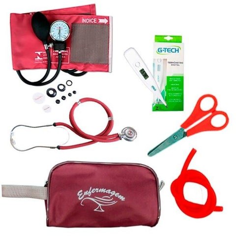 Kit Basic para Enfermagem com Aparelho de Pressão e Estetoscópio Duplo Rappaport - Vermelho Escuro
