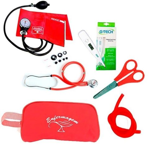 Kit Basic para Enfermagem com Aparelho de Pressão e Estetoscópio Duplo Rappaport - Vermelho