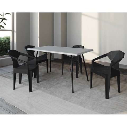 Mesa Jantar Paraty 140cm com 4 Cadeiras Pretas Diamond para Sala de Jantar Cozinha - Branco/preto