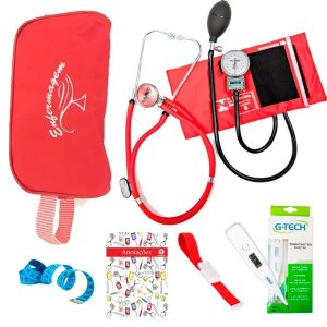 Kit Aparelho De Pressão Estetoscópio + Necessaire Exclusiva - Vermelho