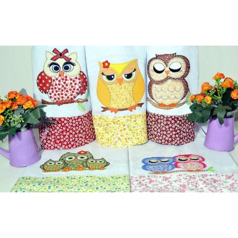 Kit Pano de Prato em Patchwork com 5 pçs - Corujas Arte & Tear