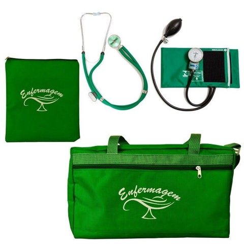 Kit com Bolsa Tipo Pasta, Porta Jaleco e Estetoscópio e Esfigmomanômetro P.a Med - Verde