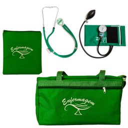 Kit com Bolsa Tipo Pasta, Porta Jaleco e Estetoscópio e Esfigmomanômetro P.A Med - Verde - 1