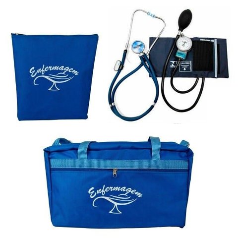 Kit com Bolsa Tipo Pasta, Porta Jaleco e Estetoscópio e Esfigmomanômetro P.a Med - Azul