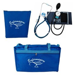 Kit com Bolsa Tipo Pasta, Porta Jaleco e Estetoscópio e Esfigmomanômetro P.A Med - Azul - 1