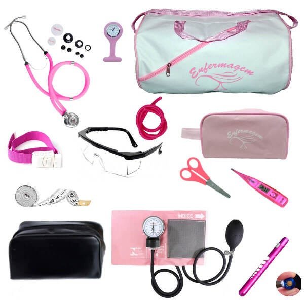 Kit de enfermagem completo com medidor de pressão Premium - Rosa