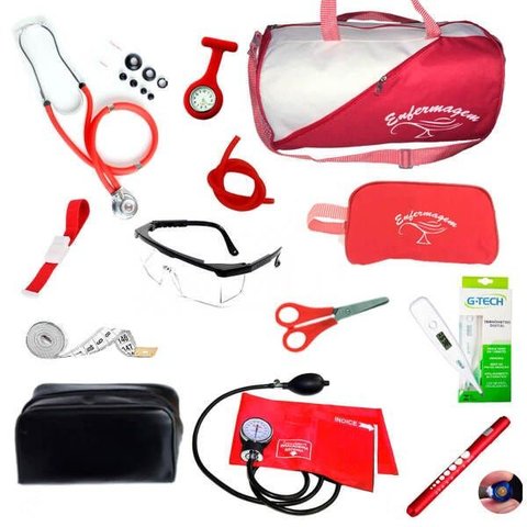 Kit de Enfermagem Completo com Medidor de Pressão Premium - Vermelho