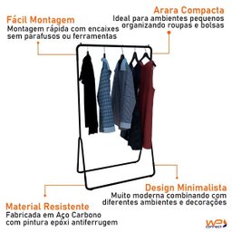 Arara de Roupas Cabideiro de Chão em Aço Carbono Desmontável - Preto - 3