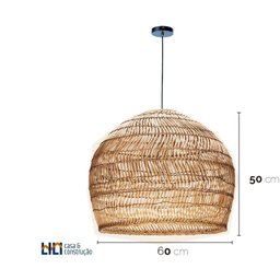 Luminária Pendente Blum Redonda Rattan Fibra Natural 60cm 1xE27 Lili Casa Único - 4