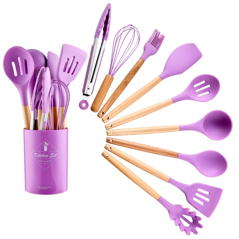 Kit Utensílios De Cozinha 12 Peças Madeira E Silicone:Lilás ...