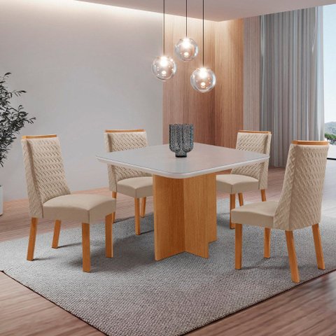 Mesa de Jantar Olímpia 90 cm Tampo MDF Vidro Canto Copo com 4 Cadeiras Carolina