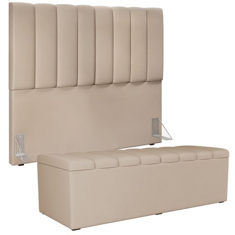 Kit Cabeceira Cama Box Casal 140cm com Calçadeira Recamier Baú Dália W01 Suede Bege - Lyam Decor