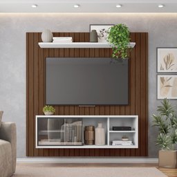 Painel Ripado Para TV Bordeaux Havana Branco - 2 Painel Ripado Para TV Bordeaux Havana Branco - 2