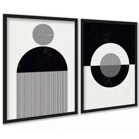 Kit 2 Quadros Abstratos Formas e Linhas Preto e Branco 24x18cm - com Vidro:moldura Branca
