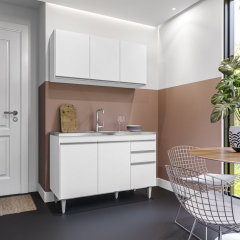 Kit de Cozinha Melissa com Pia e Cuba Ghelplus 120cm 6 Portas 2 Gavetas Branco Maderatto Móveis