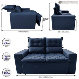 Sofá Retrátil e Reclinável 1.50m Cama Inbox Smal com Bordado Pantográfico Suede Azul - 2
