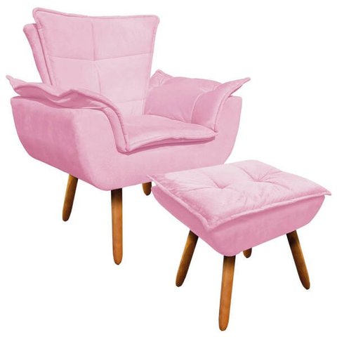 Poltrona com Puff Opala Suede Pés Palito Castanho - Rosa Bebê