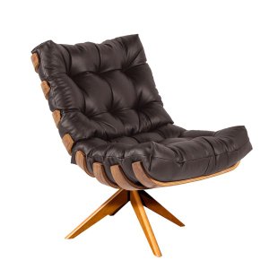 Poltrona Giratória Costela Couro Legítimo Base Madeira Ma25 - D'Rossi - Couro Marrom