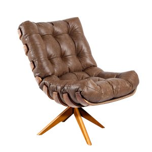 Poltrona Giratória Costela Couro Legítimo Base Madeira Ma25 - D'Rossi - Couro Nozes