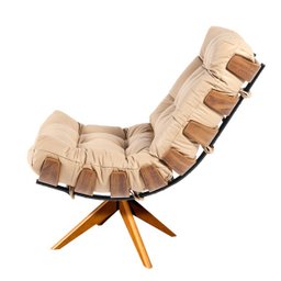 Poltrona com Puff Giratório Costela Couro Legítimo Base Madeira Ma25 - D'Rossi - Couro Bege - 3