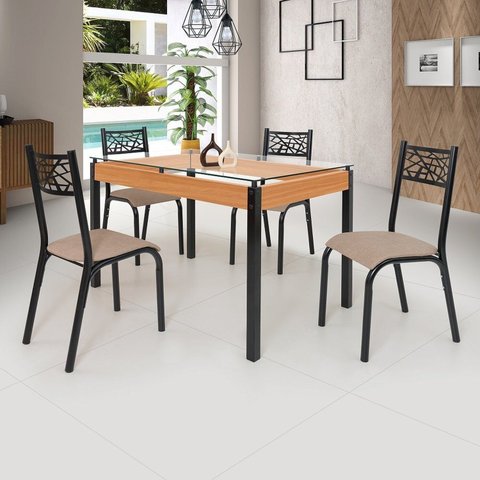 Conjunto Sala de Jantar Mesa 120x77cm Tampo Vidro com 4 Cadeiras Jade Preto/Fosco/Bege