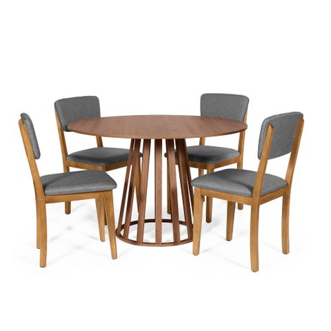 Mesa de Jantar Redonda Gabi Noronha com 4 Cadeiras Estofadas Ella Cinza Escuro