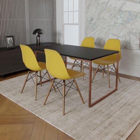 Mesa Industrial Base Ferro Cobre 137x90 Tampo Preto 4 Cadeiras Eiffel Madeira Assento Amarelo