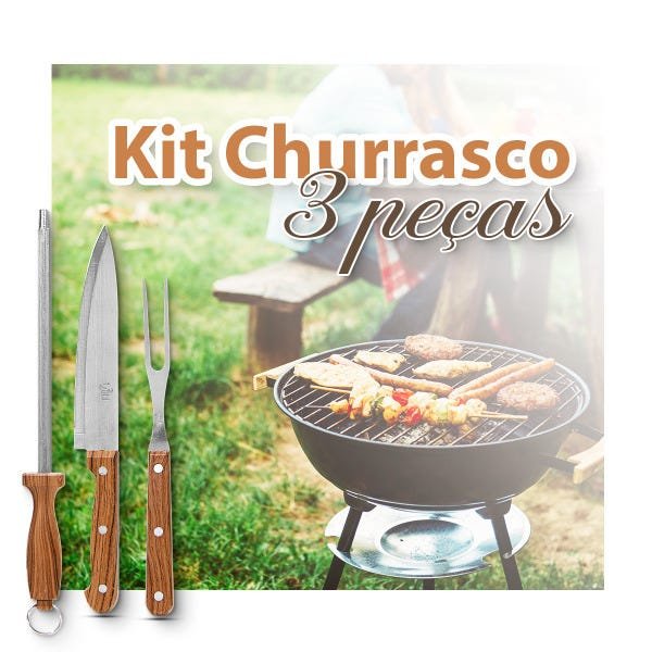 kit churrasco com 3 peças cozinha faca garfo chaira - 2