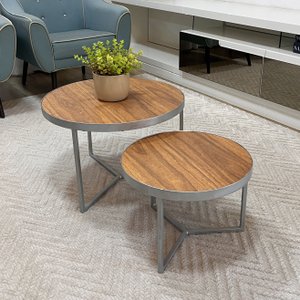 Conjunto Mesa de Centro Redonda Dallas Amadeirado - Prata